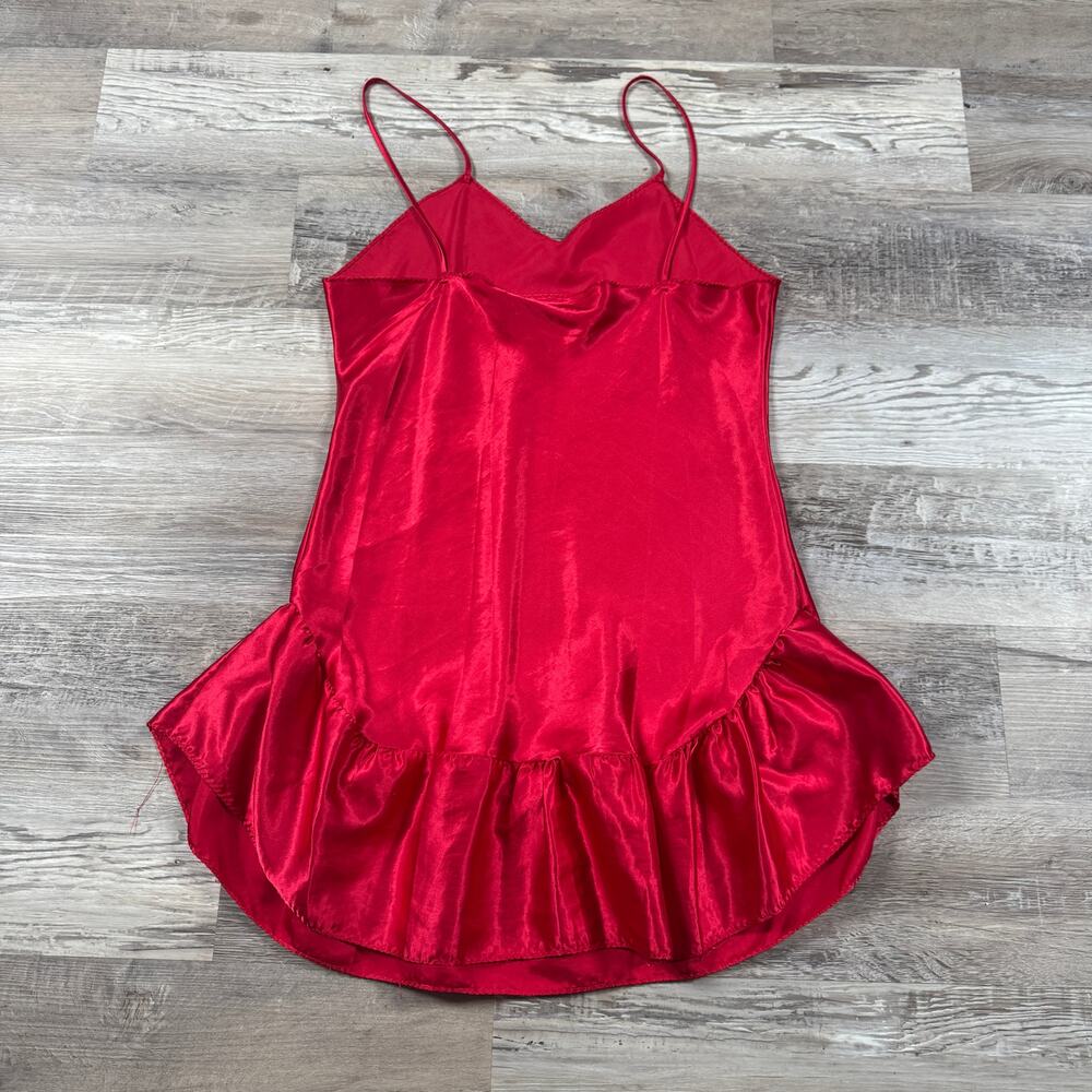 Vintage 90s Red Satin Slip Dress Ruffle Hem Nightgown Coquette Boudoir Y2K M - Picture 2 of 6
